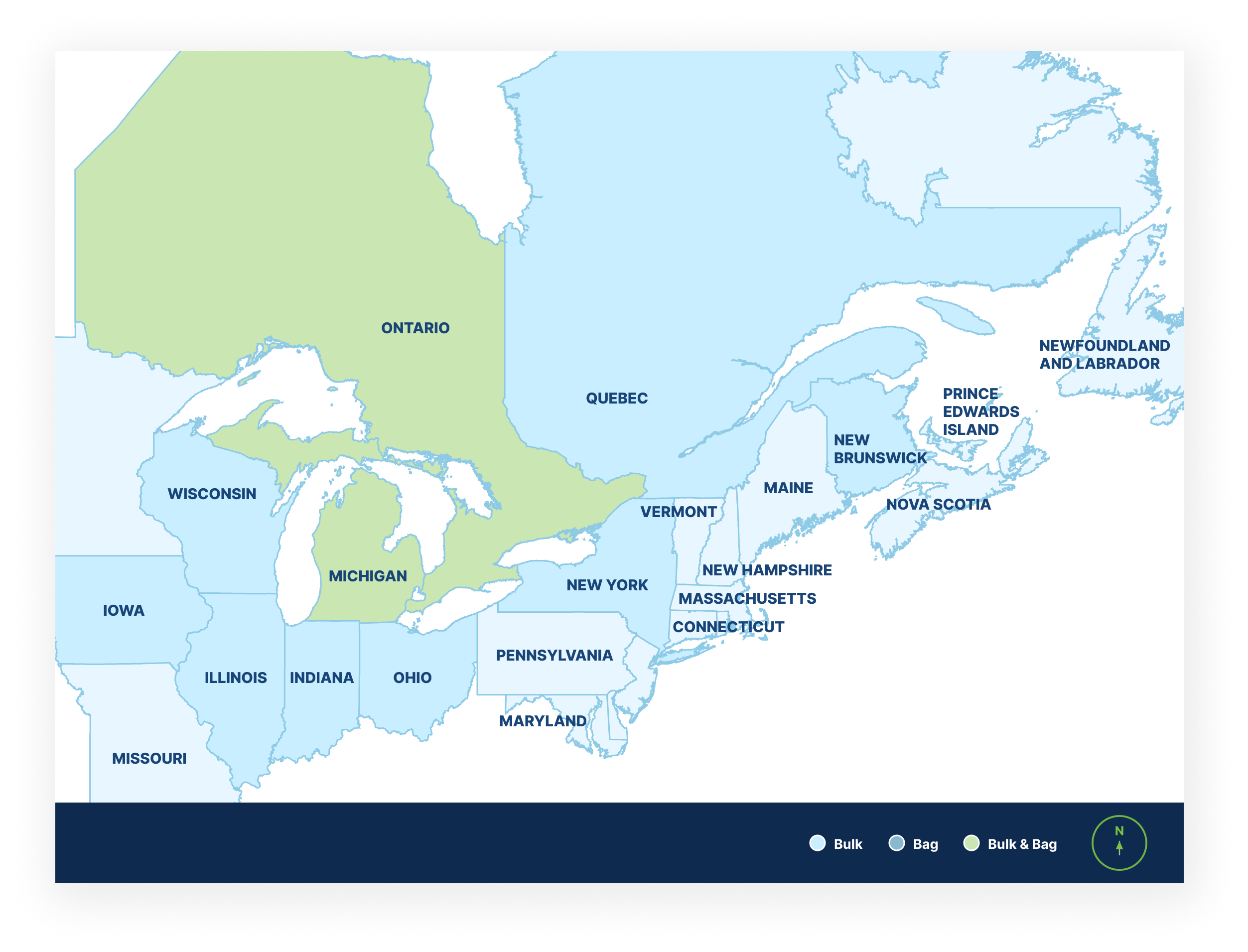Map showing where St Marys Type IL (HE) Cement is available across eastern Canada and the northeastern and midwestern United States.