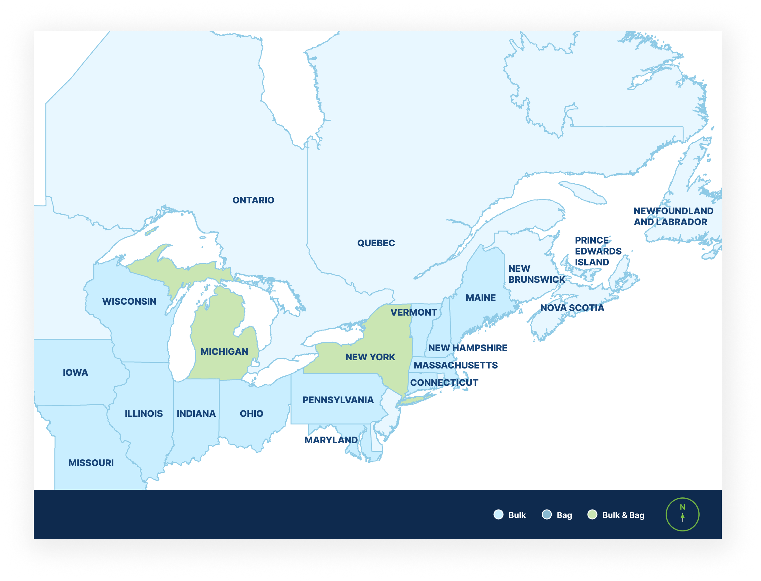 Map showing where St Marys Type 1L Cement is available across eastern Canada and the northeastern United States.