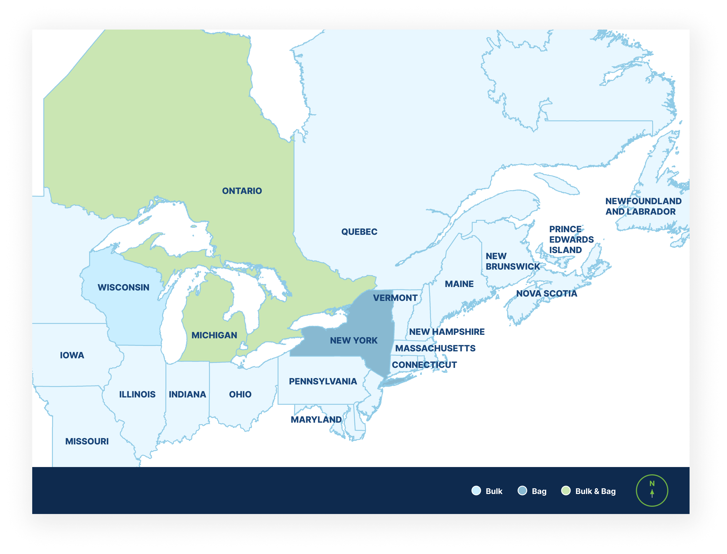 Map showing where St Marys Type N (Masonry) Portland Lime Cement is available across eastern Canada and the northeastern and midwestern United States.