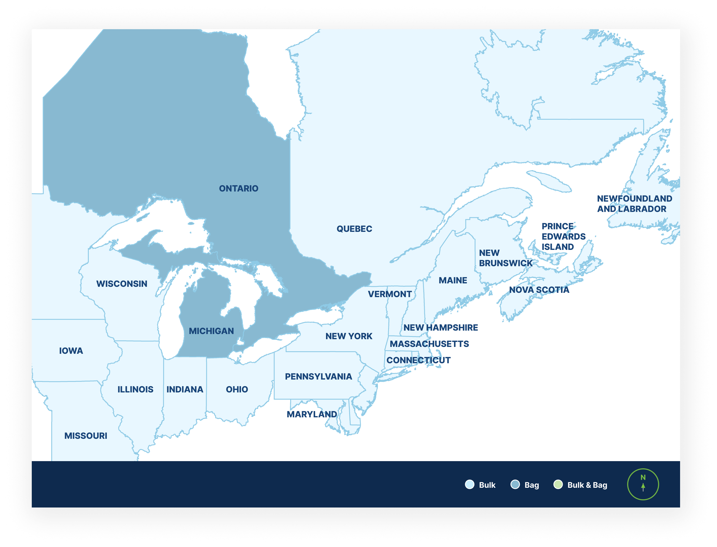 Map showing where St Marys Type N Portland Lime Cement is available across eastern Canada and the northeastern and midwestern United States.